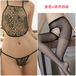 Image of Erotic lingerie lace hollow embroidery adult belly pocket sexy women's suit seduces couples fun pure desire wind teasing