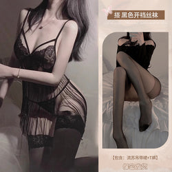 Image of Astringent desire erotic lingerie sexy backless temptation lace see-through strap tassel free nightdress uniform set 0740