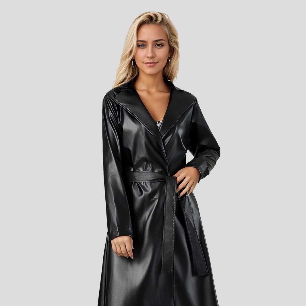 2024 elongated bathrobe, trench coat, spring and autumn anti-wrinkle fashion women's leather jacket, cross-border leather jacket, women's new customized hit