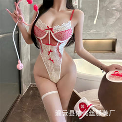 Image of Man Lust Erotic Lingerie Pure Lust Nurse Uniform Lace Bow Heart Shaped Sheer Jumpsuit Sexy Set 9276