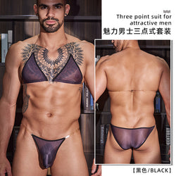 Image of The new European and American men's thin and sexy and visible temptation transparent shoulder strap three-point sex suit
