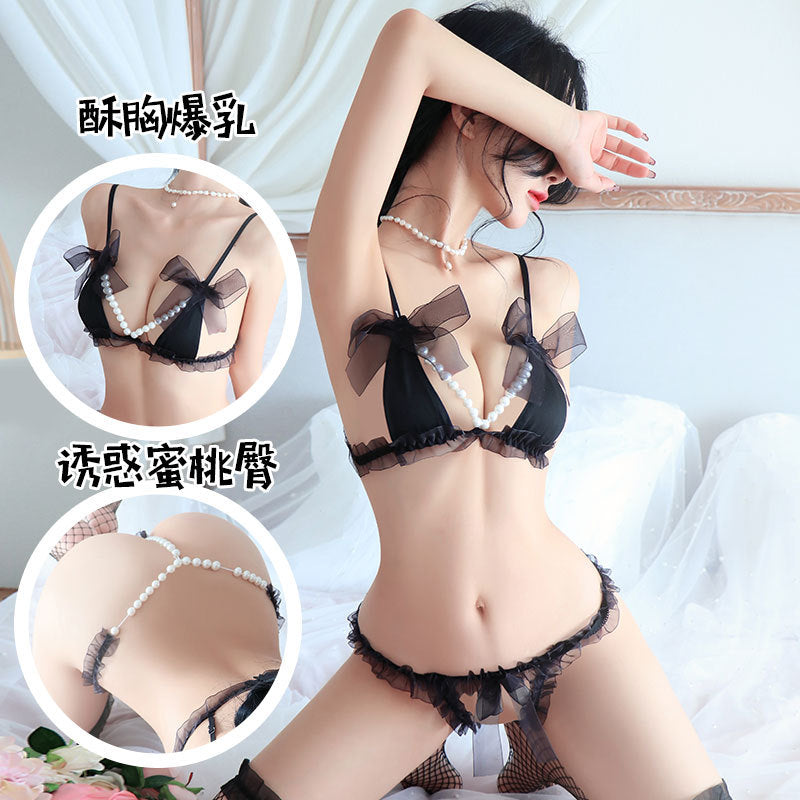 Image of long night long sex lingerie sexy lace three-point pearl temptation thong passionate stripless suit female 1076