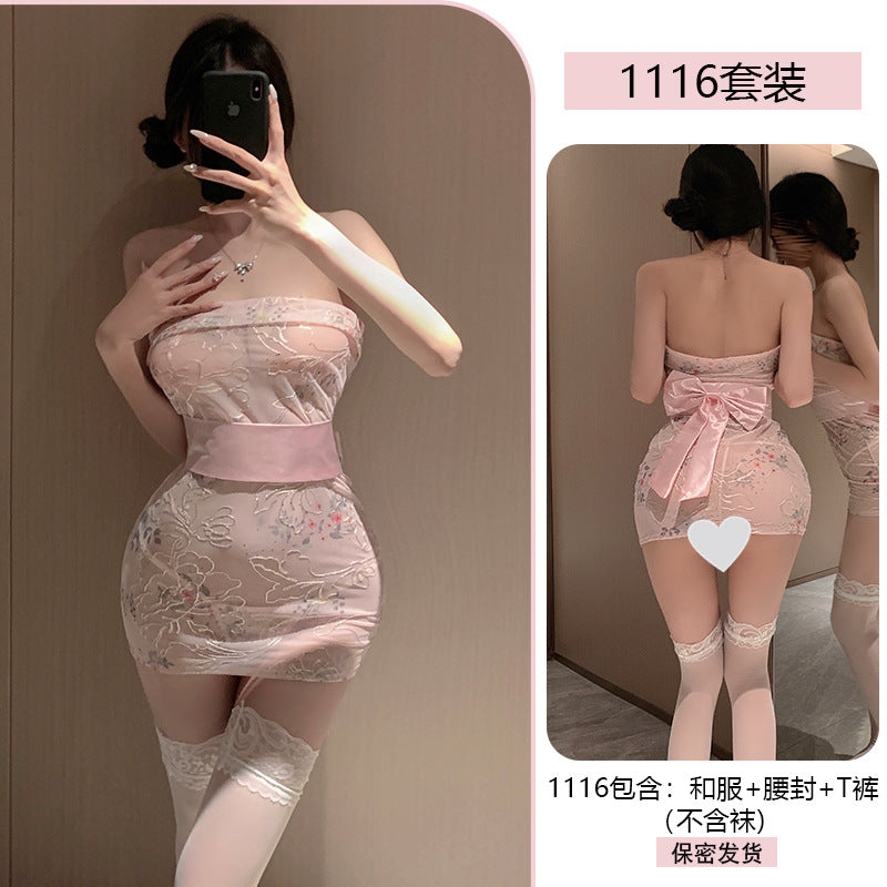 Transparent embroidery erotic lingerie sexy Japanese bra wrap kimono uniform temptation passion suit date robe 1116