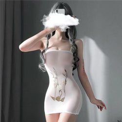 Image of Sexy lingerie package ass short skirt stockings one-piece sexy print transparent flirting tight-fitting sexy stockings