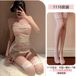 Image of Transparent embroidery erotic lingerie sexy Japanese bra wrap kimono uniform temptation passion suit date robe 1116