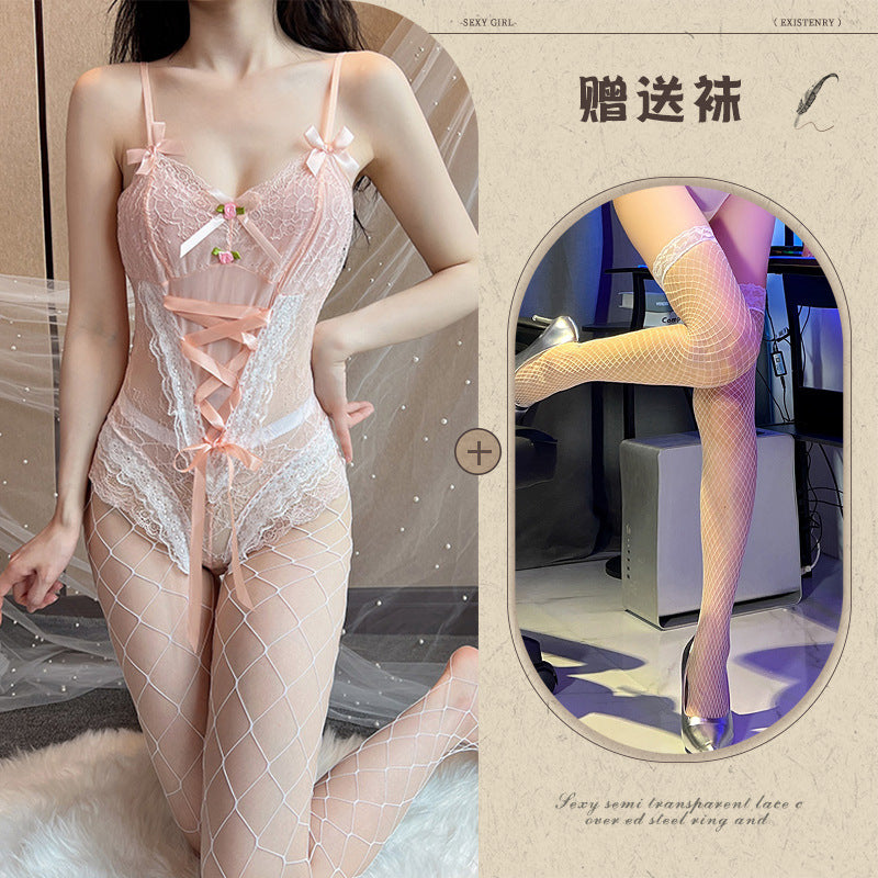 Erotic lingerie, sexy lace, temptation, strap-on, sweet candy-colored bodysuit, hidden button-down, crotch uniform, suspender set