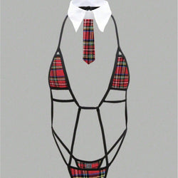 Image of Cross-border foreign trade explosive women's sexy tie strap-on one-piece plaid hollow sex set spot wholesale women
