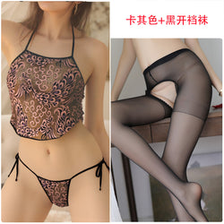 Image of Erotic lingerie lace hollow embroidery adult belly pocket sexy women's suit seduces couples fun pure desire wind teasing