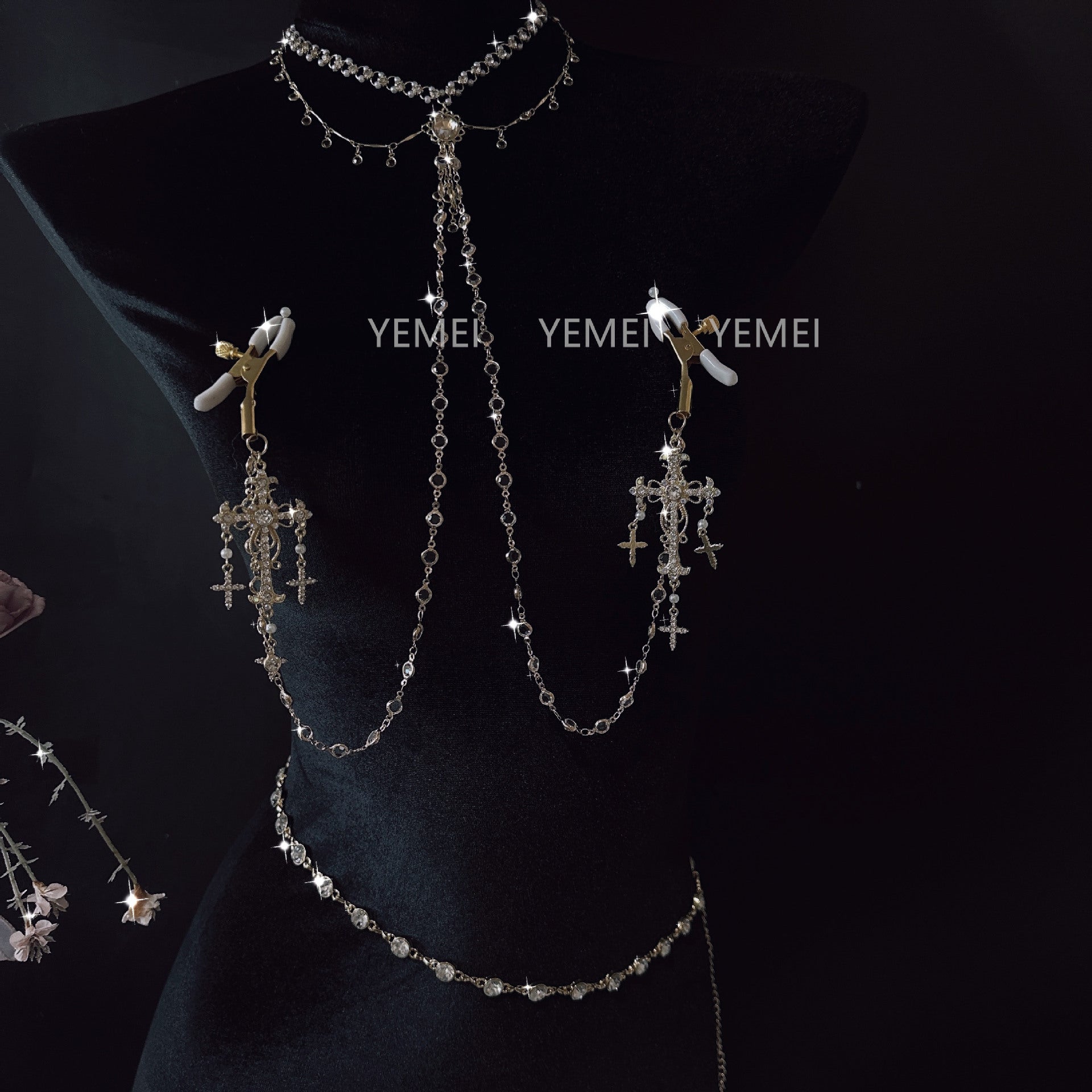 sex toys diamond set cross baroque style necklace breast clamp waist chain anal plug sm stimulation training male and female nipples