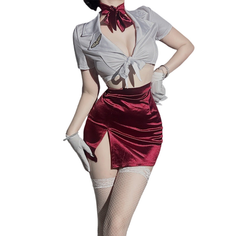 Image of Guifei erotic underwear pure desire stewardess character uniform sexy deep V slit free small breasts temptation pajama set