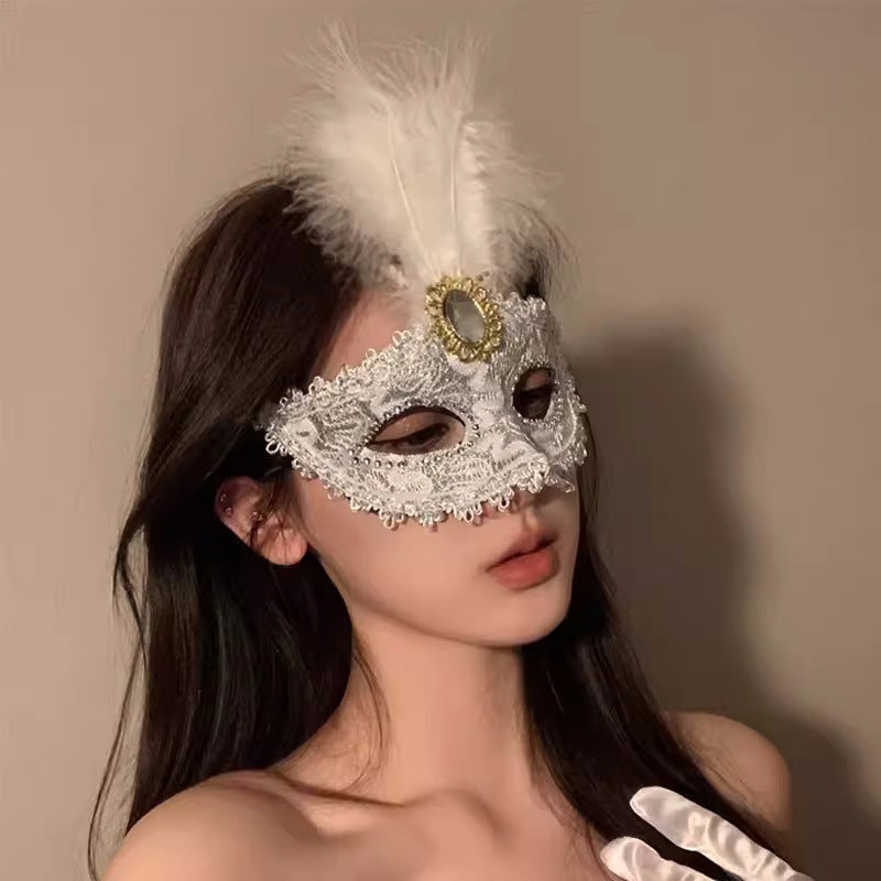 Image of Makeup Masquerade Party Sexy Half Face Makeup Woman Half Face Sex Lace Mask Halloween Feather Face Mask