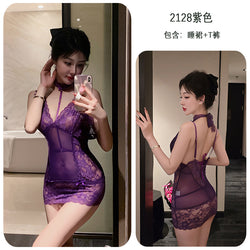 Image of Long night long erotic underwear deep V groove lace see-through temptation provocation buttocks wrapping nightdress sexy uniform 2128