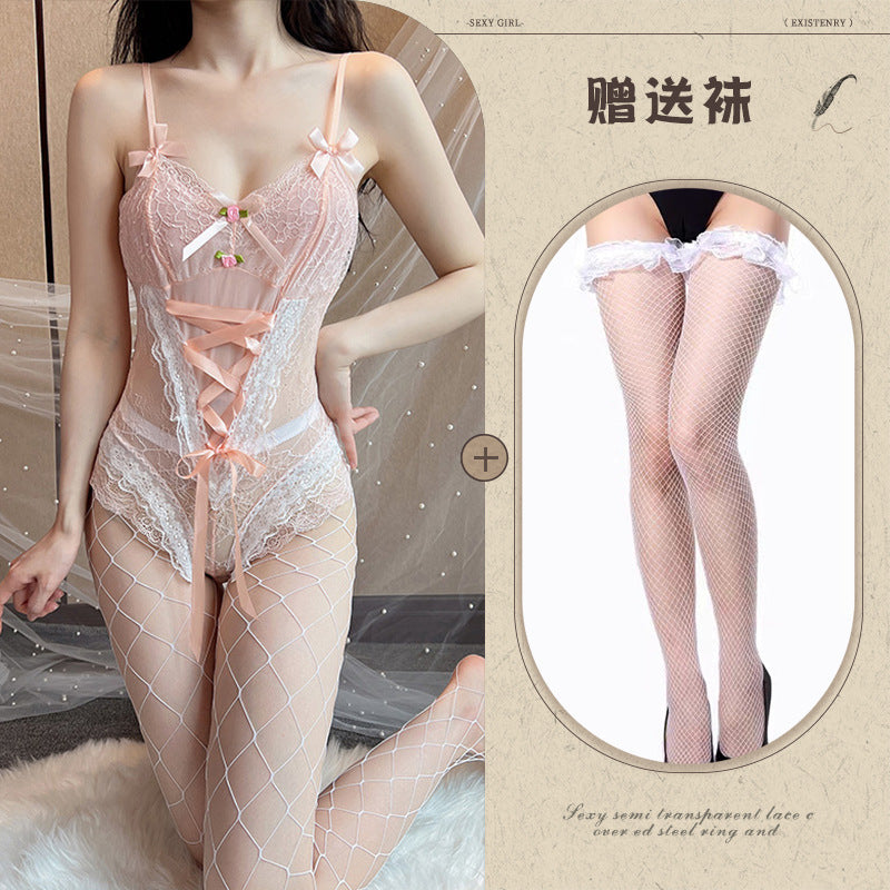 Erotic lingerie, sexy lace, temptation, strap-on, sweet candy-colored bodysuit, hidden button-down, crotch uniform, suspender set