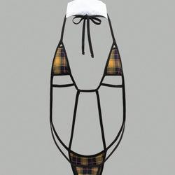 Image of Cross-border foreign trade explosive women's sexy tie strap-on one-piece plaid hollow sex set spot wholesale women