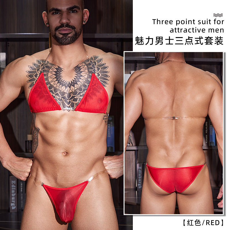The new European and American men's thin and sexy and visible temptation transparent shoulder strap three-point sex suit