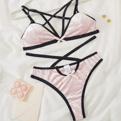 Image of Cross-border pink velvet contrast sweet and spicy cross belt erotic underwear cover sexy and comfortable wire-free three-point set