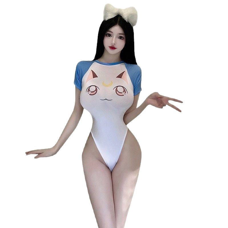 Erotic inner female high fork tight-fitting opening no-takeoff jumpsuit COS anime little wildcat cosplay swimsuit party