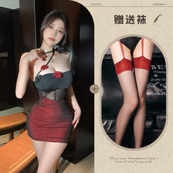 Image of Orange fire erotic underwear, New Year's pure desire nightdress, passionate hot girl, suspender chest pad, see-through hip skirt, drop delivery
