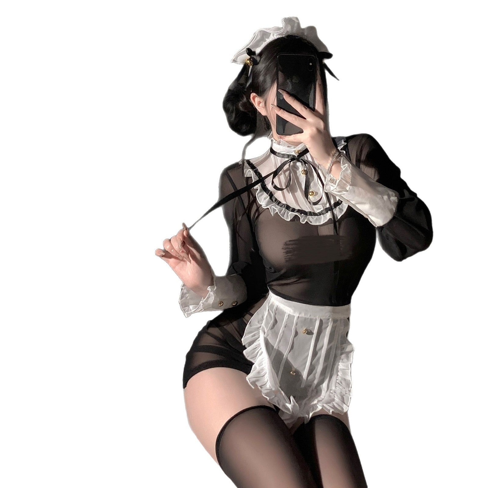 Image of Erotic lingerie sexy pure desire maid costume uniform temptation without taking off sexy mesh see-through outfit maid passion suit