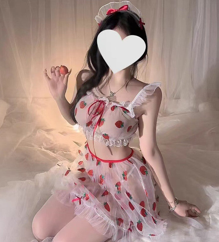 Pure desire couple fun lingerie see-through chiffon sweet sexy suspender seduction strawberry thin nightdress suit women's suit