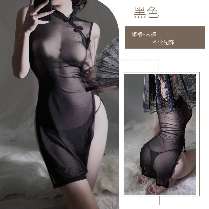 Image of Young women's robes, Chinese cheongsam, hot girls, sexy pajamas, high slit cheongsam, improved model, a drop-out erotic underwear