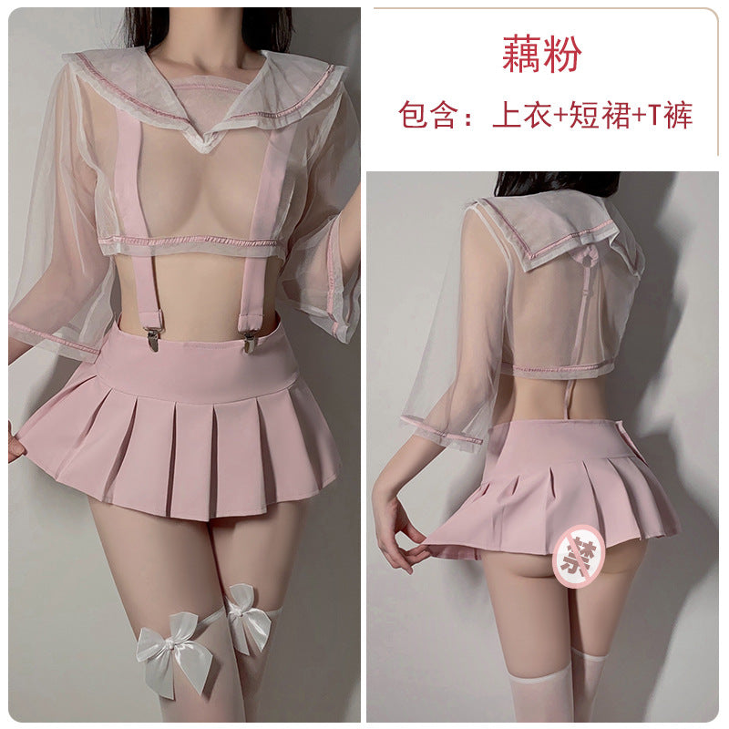 Image of Gorgeous erotic lingerie, sweet see-through mesh, low-cut cute, cute square neck top, pleated skirt, uniform, sassy suit 493