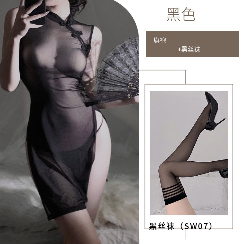 Young women's robes, Chinese cheongsam, hot girls, sexy pajamas, high slit cheongsam, improved model, a drop-out erotic underwear