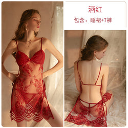 Image of Rose, erotic, lingerie, women, transparent lace, temptation, suspender nightdress, backless pajamas, loungewear set, 1581