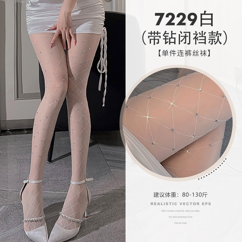 Feimu erogenous belt diamond Internet celebrity pantyhose open crotch free erotic underwear passionate temptation Lingge white silk 7229