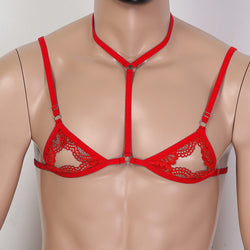Image of Men's sexy lingerie lace three-point bra pajamas sheer panties temptation pure desire sexy bed set