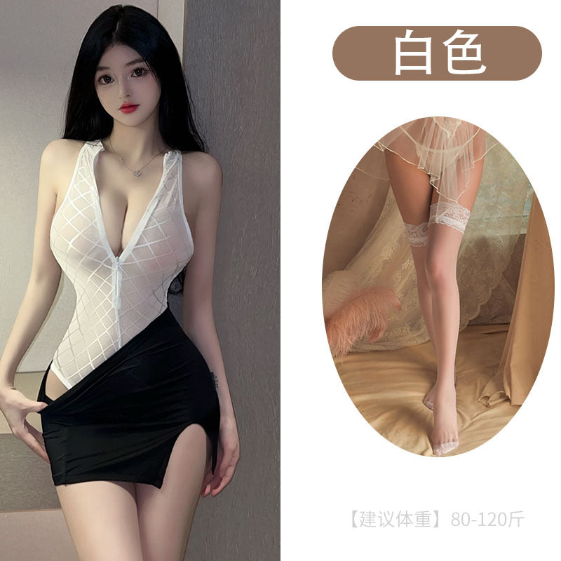 Image of Sexy hollow transparent plus-size uniform pure desire one-piece tight hip skirt erotic lingerie set one drop shipping