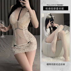 Image of Sexy Pure Lust Pajamas Erotic Lingerie Lace Deep V Sheer Purple Suspenders Nightdress Free Uniform Strap Temptation