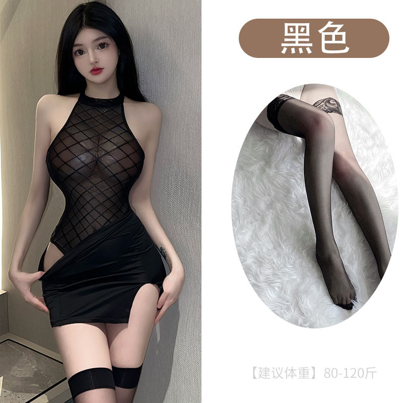 Image of Sexy hollow transparent plus-size uniform pure desire one-piece tight hip skirt erotic lingerie set one drop shipping