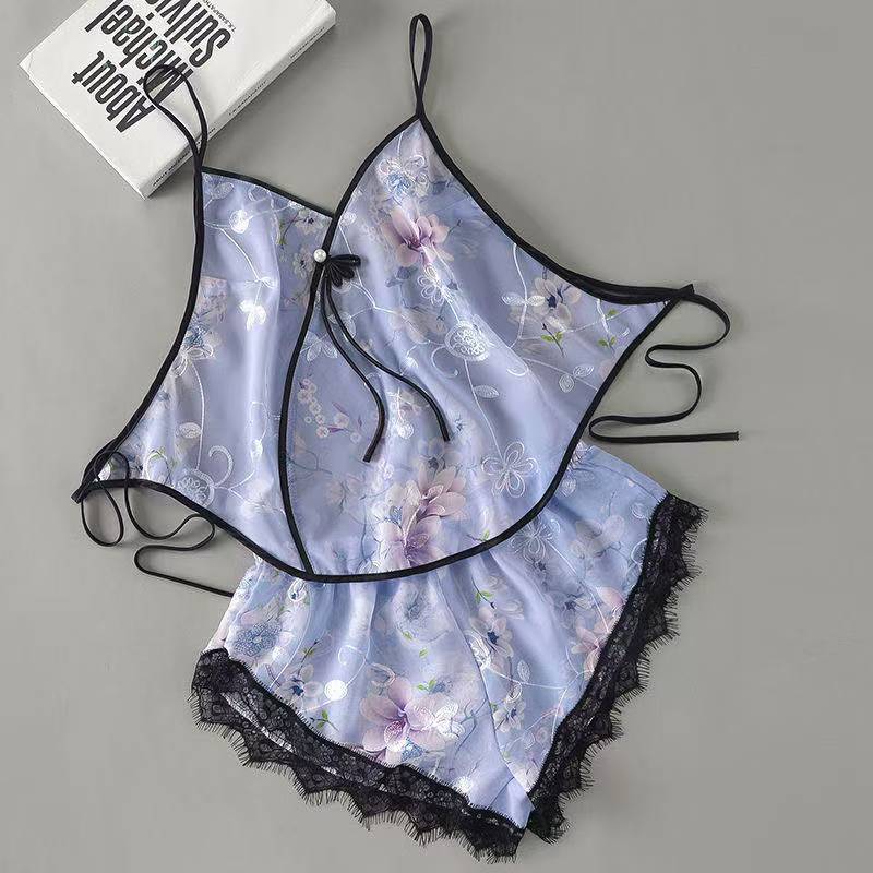 Pretty summer plus-size sexy pajamas, ice silk belly pocket set, adult suspender sexy backless underwear, shorts, thin style