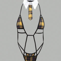 Image of Cross-border foreign trade explosive women's sexy tie strap-on one-piece plaid hollow sex set spot wholesale women