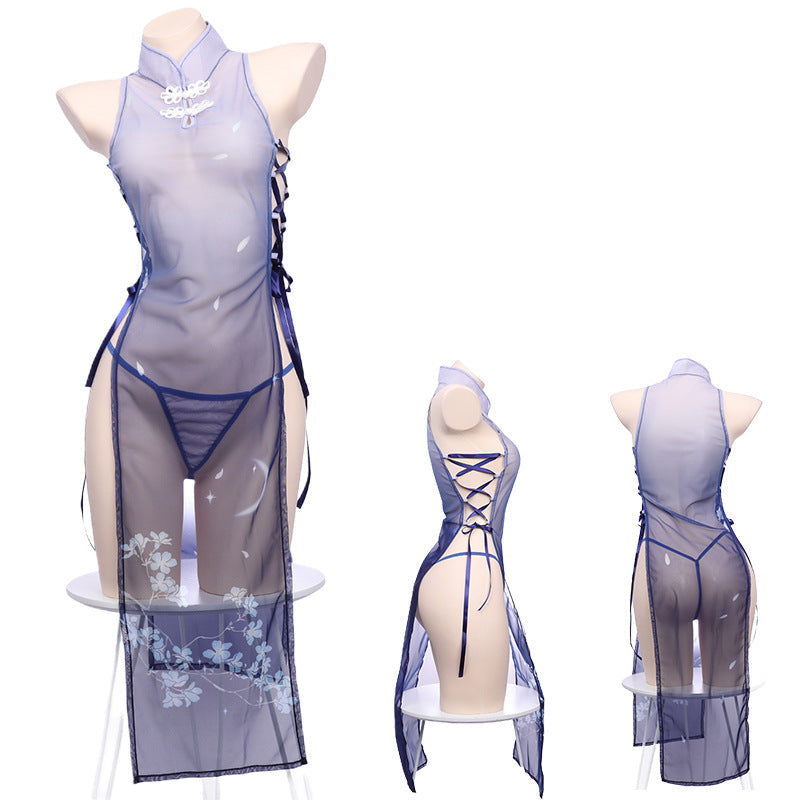 Erotic lingerie cheongsam babes slit tie sheer mesh passion seduction print free cosplay blue