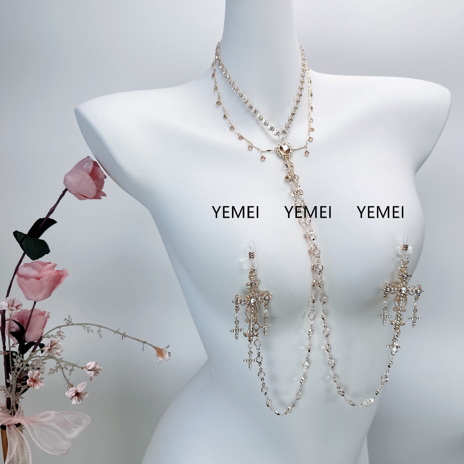 sex toys diamond set cross baroque style necklace breast clamp waist chain anal plug sm stimulation training male and female nipples