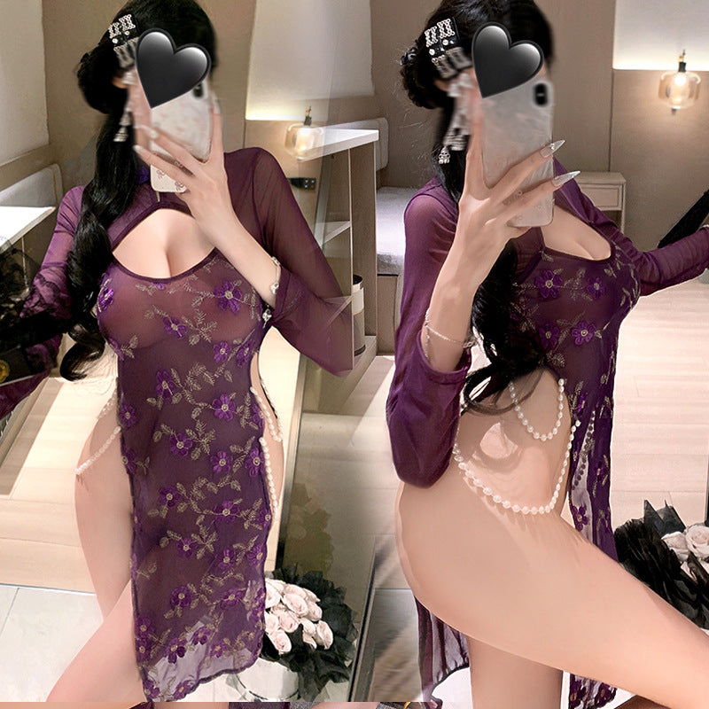 Sexy and sexy uniforms, purple charm, cheongsam, hollow backless nightdress, pure desire underwear, open stall without taking off hot suits