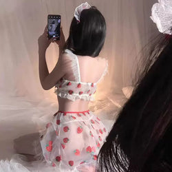 Image of Pure desire couple fun lingerie see-through chiffon sweet sexy suspender seduction strawberry thin nightdress suit women's suit