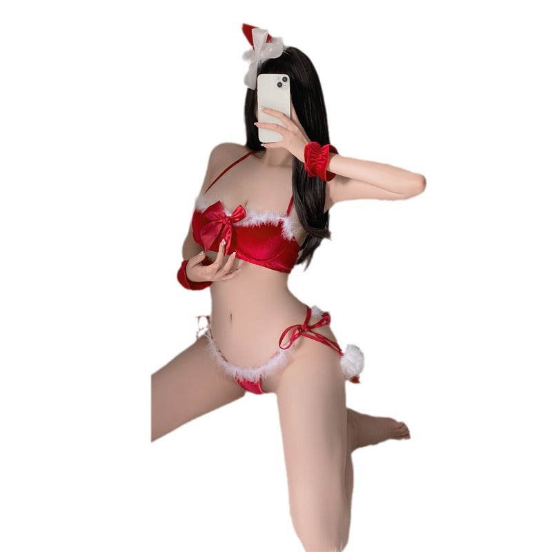 Image of Erotic lingerie halloween cosplay seduction christmas elk plush sexy one-piece netting combo set