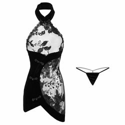 Image of Erotic lingerie sexy transparent cut-out pajamas lace embroidery see-through backless velvet buttocks cheongsam uniform set