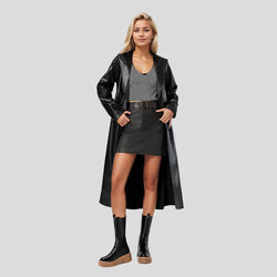 Image of 2024 elongated bathrobe, trench coat, spring and autumn anti-wrinkle fashion women's leather jacket, cross-border leather jacket, women's new customized hit