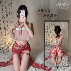Image of Ruolan sexy underwear sexy national style see-through belly pocket Hanfu strap lace Daji fox uniform set 5117