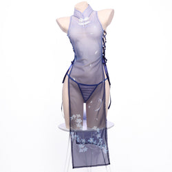 Image of Erotic lingerie cheongsam babes slit tie sheer mesh passion seduction print free cosplay blue