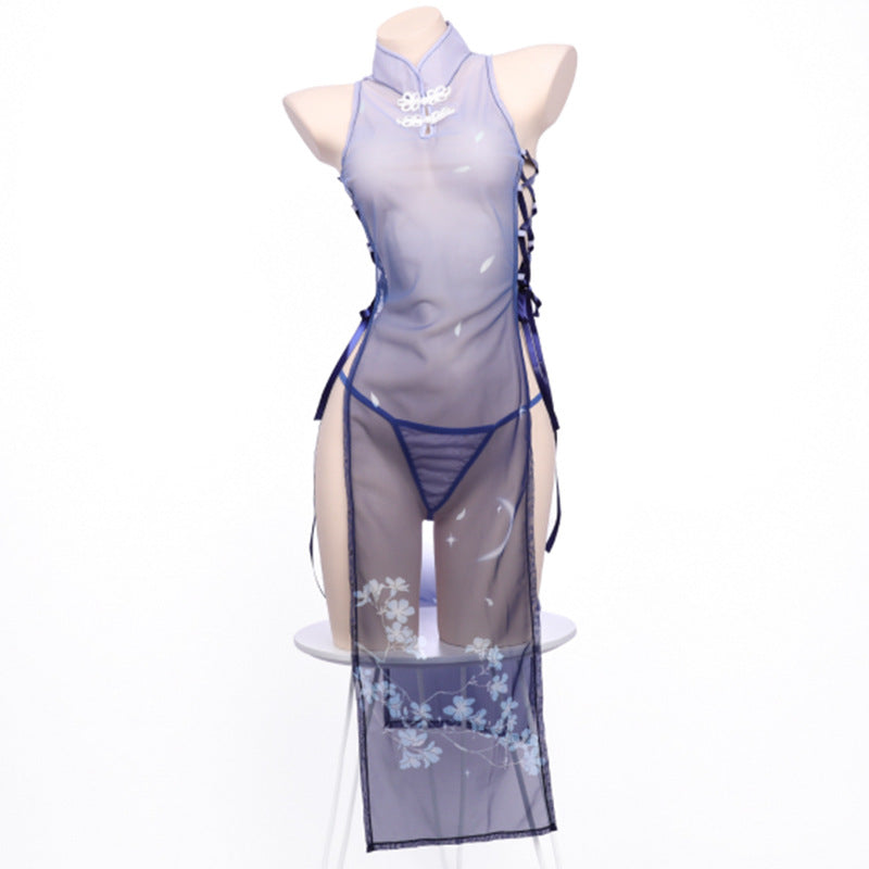 Erotic lingerie cheongsam babes slit tie sheer mesh passion seduction print free cosplay blue