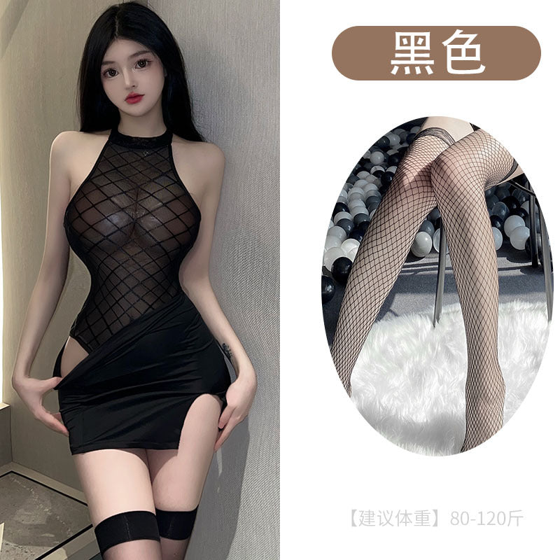 Image of Sexy hollow transparent plus-size uniform pure desire one-piece tight hip skirt erotic lingerie set one drop shipping