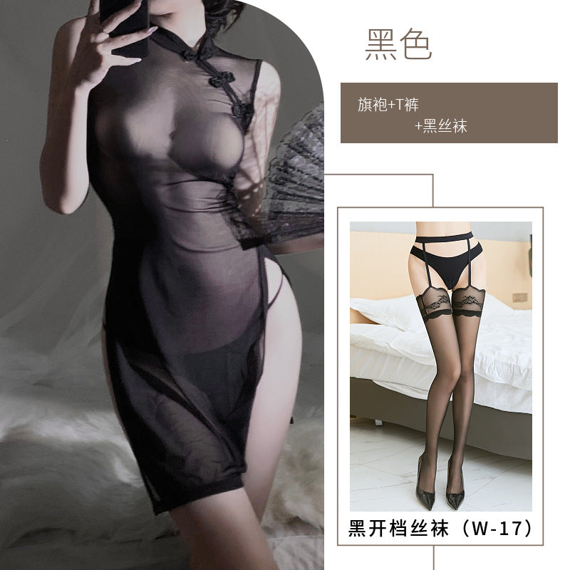Image of Young women's robes, Chinese cheongsam, hot girls, sexy pajamas, high slit cheongsam, improved model, a drop-out erotic underwear
