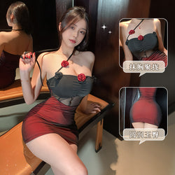 Image of Orange fire erotic underwear, New Year's pure desire nightdress, passionate hot girl, suspender chest pad, see-through hip skirt, drop delivery