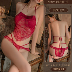 Image of Yiyue erotic underwear pure lust sexy lace temptation belly pocket hot open uniform free pajama set 8833