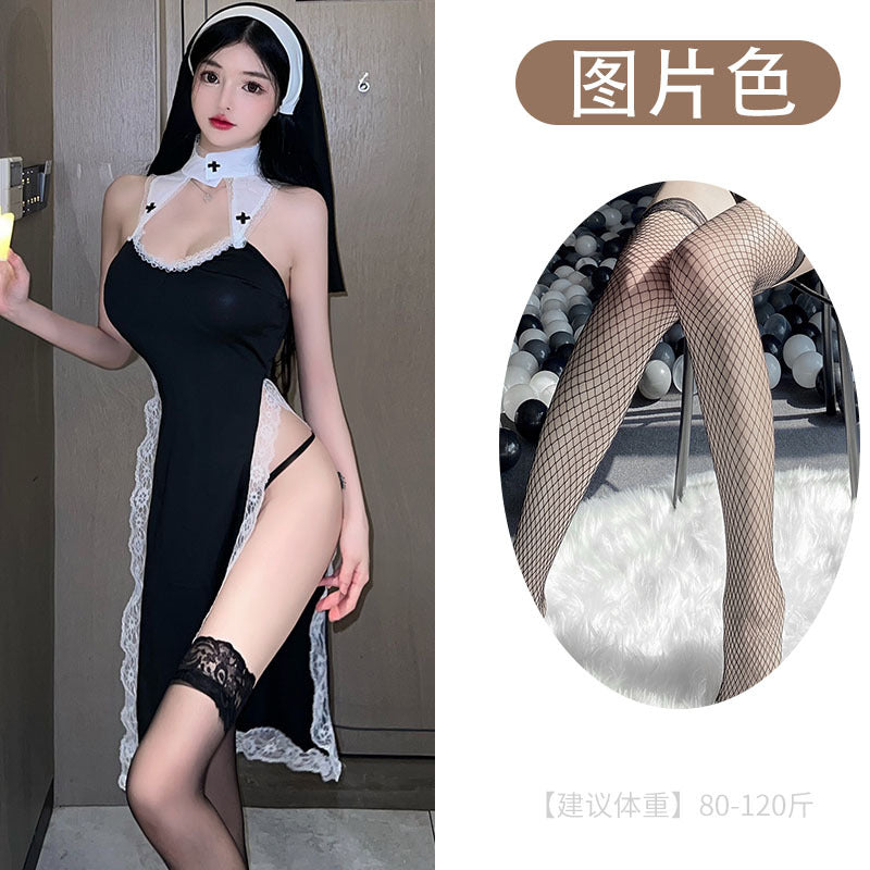 Love is like erotic lingerie cosplay sexy high slit lace slim seduction nun uniform set 5708